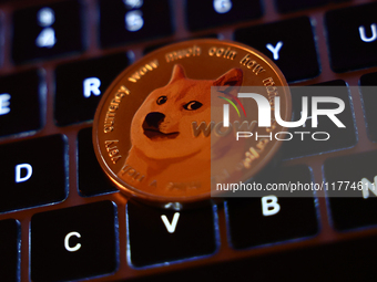 A laptop keyboard and representation of Dogecoin cryptocurrency  are seen in this illustration photo taken in Krakow, Poland on November 13,...