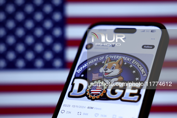 American flag displayed on a laptop screen and Elon Musk post about DOGE on X displayed on a phone screen are seen in this illustration phot...