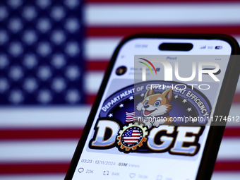 American flag displayed on a laptop screen and Elon Musk post about DOGE on X displayed on a phone screen are seen in this illustration phot...