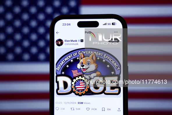 American flag displayed on a laptop screen and Elon Musk post about DOGE on X displayed on a phone screen are seen in this illustration phot...