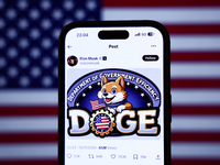 American flag displayed on a laptop screen and Elon Musk post about DOGE on X displayed on a phone screen are seen in this illustration phot...