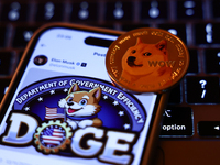 A laptop keyboard, Elon Musk post about DOGE on X displayed on a phone screen and representation of Dogecoin cryptocurrency  are seen in thi...