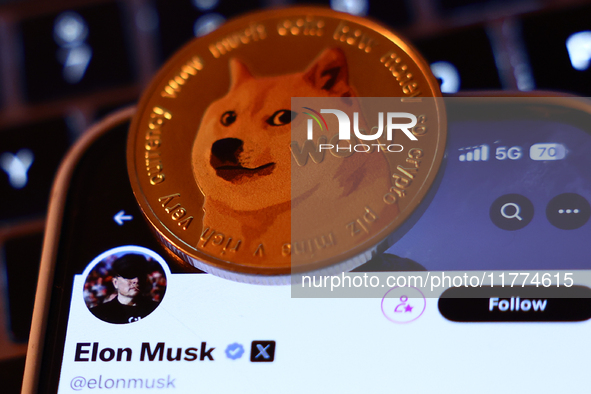 A laptop keyboard, Elon Musk account on X and representation of Dogecoin cryptocurrency  are seen in this illustration photo taken in Krakow...