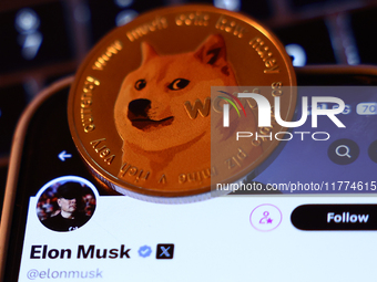 A laptop keyboard, Elon Musk account on X and representation of Dogecoin cryptocurrency  are seen in this illustration photo taken in Krakow...