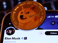 A laptop keyboard, Elon Musk account on X and representation of Dogecoin cryptocurrency  are seen in this illustration photo taken in Krakow...