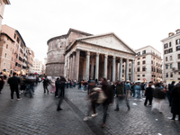 Tourists walk through Piazza del Pantheon in Rome, Italy, on November 13, 2024. The square is partially closed to the public due to renovati...