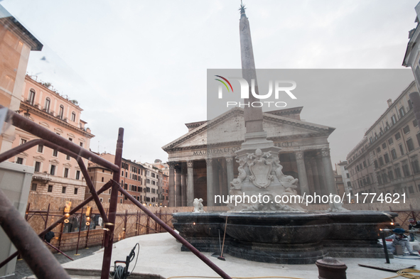 Tourists walk through Piazza del Pantheon in Rome, Italy, on November 13, 2024. The square is partially closed to the public due to renovati...