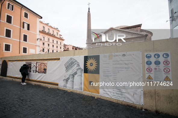 Tourists walk through Piazza del Pantheon in Rome, Italy, on November 13, 2024. The square is partially closed to the public due to renovati...