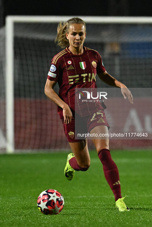 Frederikke Thogersen of A.S. Roma Femminile is in action during Group A - Day 3 of the UEFA Women's Champions League 2023/24 between A.S. Ro...