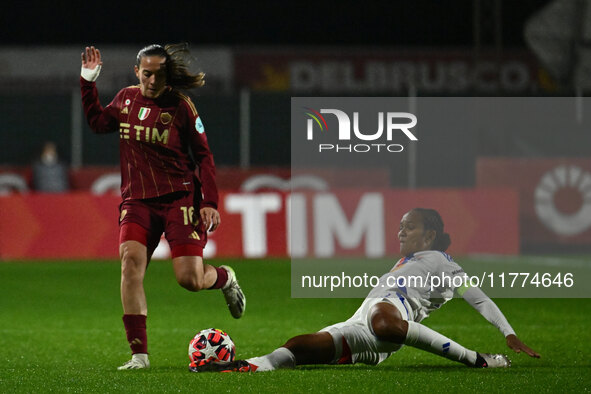 Alice Corelli of A.S. Roma Femminile and Wendie Renard of Olympique Lyonnais are in action during Group A - Day 3 of the UEFA Women's Champi...