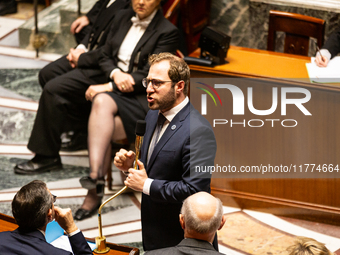 In Paris, France, on November 12, 2024, Antoine Armand, the French Minister of Economy, Finance, and Industry, speaks at the public session...