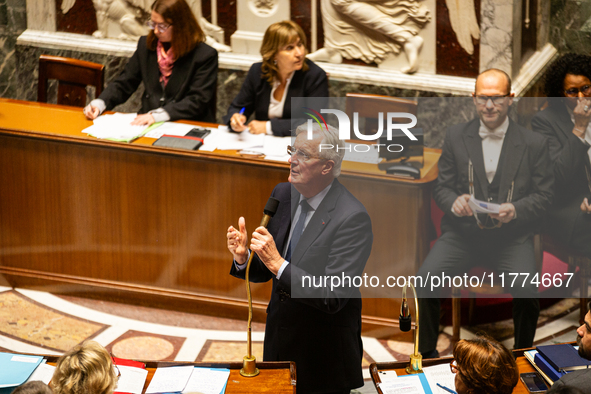 Michel Barnier, the French Prime Minister, speaks at the public session of questions to the French government at the National Assembly in Pa...