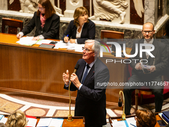 Michel Barnier, the French Prime Minister, speaks at the public session of questions to the French government at the National Assembly in Pa...