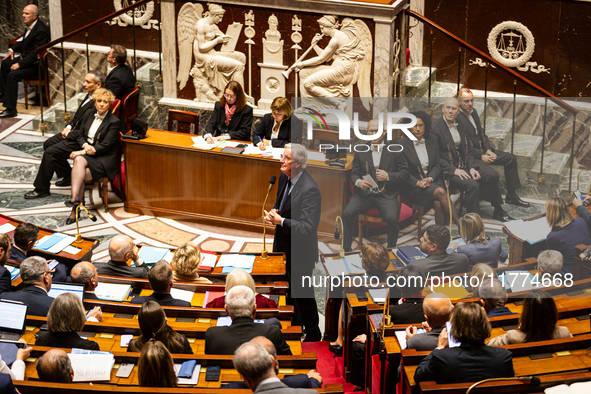 Michel Barnier, the French Prime Minister, speaks at the public session of questions to the French government at the National Assembly in Pa...