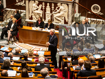 Michel Barnier, the French Prime Minister, speaks at the public session of questions to the French government at the National Assembly in Pa...