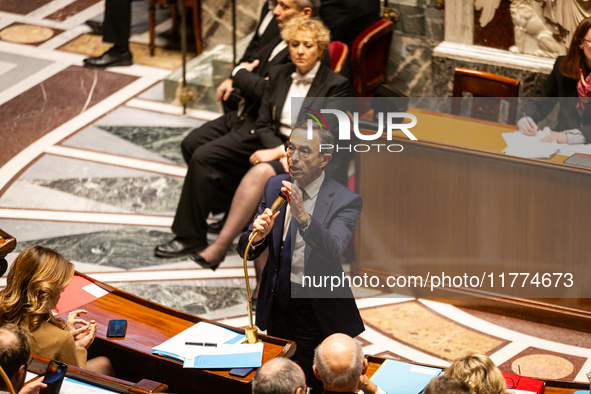 Bruno Retailleau, the French Minister of the Interior, speaks at the public session of questions to the French government at the National As...