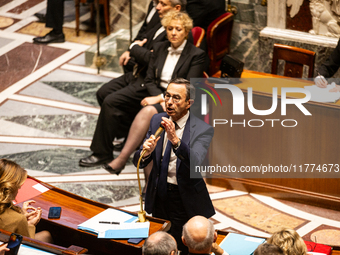 Bruno Retailleau, the French Minister of the Interior, speaks at the public session of questions to the French government at the National As...