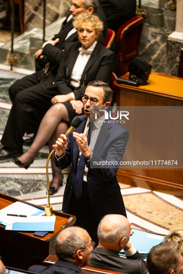 Bruno Retailleau, the French Minister of the Interior, speaks at the public session of questions to the French government at the National As...