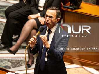 Bruno Retailleau, the French Minister of the Interior, speaks at the public session of questions to the French government at the National As...