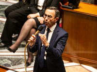 Bruno Retailleau, the French Minister of the Interior, speaks at the public session of questions to the French government at the National As...