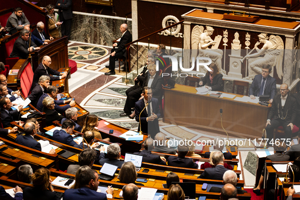 Bruno Retailleau, the French Minister of the Interior, speaks at the public session of questions to the French government at the National As...