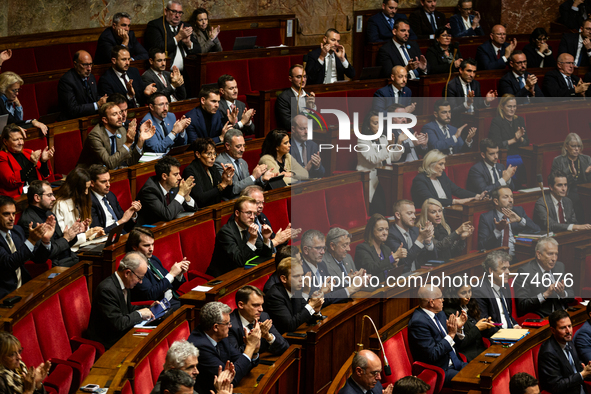 In Paris, France, on November 12, 2024, a general view shows the right-wing MPs at the National Assembly during the session of questions to...