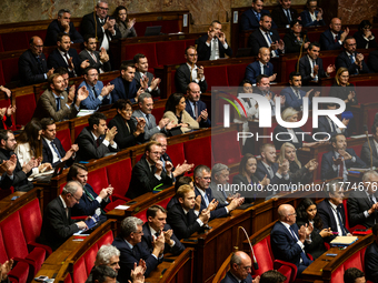 In Paris, France, on November 12, 2024, a general view shows the right-wing MPs at the National Assembly during the session of questions to...