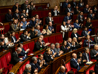 In Paris, France, on November 12, 2024, a general view shows the right-wing MPs at the National Assembly during the session of questions to...