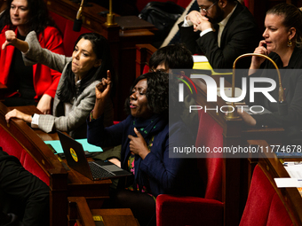 Daniele Obono, deputy of La France Insoumise - Nouveau Front Populaire group, is seen during the questions to the French government at the N...