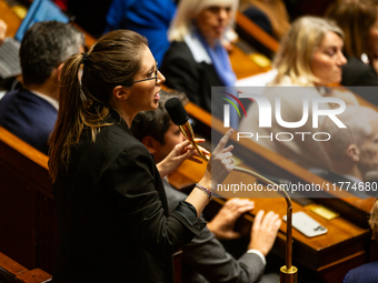 Aurore Berge, deputy of the Ensemble pour la Republique (EPR) government party, speaks during the public session of questions to the French...