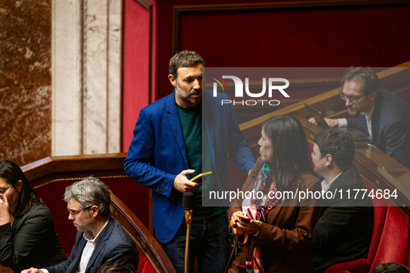 Thomas Portes, deputy of the group La France Insoumise - Nouveau Front Populaire group, is seen during the session of questions to the Frenc...