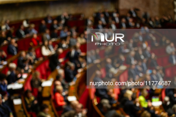 In Paris, France, on November 12, 2024, an illustration photo shows an unfocused general view at the National Assembly during the session of...