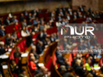 In Paris, France, on November 12, 2024, an illustration photo shows an unfocused general view at the National Assembly during the session of...