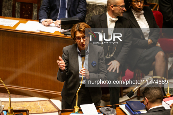 Annie Genevard, the French Minister of Agriculture, Food Sovereignty, and Forestry, speaks at the public session of questions to the French...