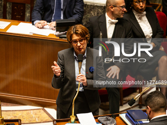 Annie Genevard, the French Minister of Agriculture, Food Sovereignty, and Forestry, speaks at the public session of questions to the French...