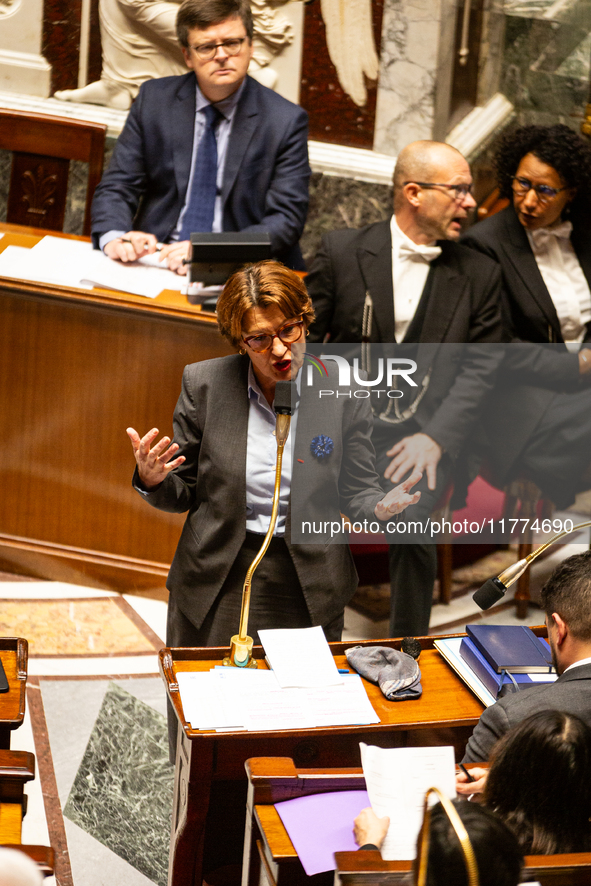 Annie Genevard, the French Minister of Agriculture, Food Sovereignty, and Forestry, speaks at the public session of questions to the French...