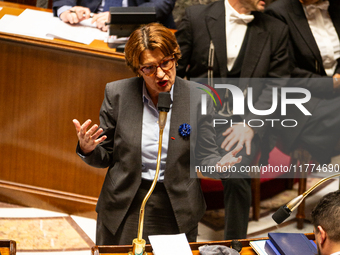 Annie Genevard, the French Minister of Agriculture, Food Sovereignty, and Forestry, speaks at the public session of questions to the French...