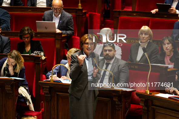 Annie Genevard, the French Minister of Agriculture, Food Sovereignty, and Forestry, speaks at the public session of questions to the French...