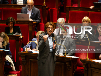 Annie Genevard, the French Minister of Agriculture, Food Sovereignty, and Forestry, speaks at the public session of questions to the French...