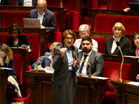 Annie Genevard, the French Minister of Agriculture, Food Sovereignty, and Forestry, speaks at the public session of questions to the French...