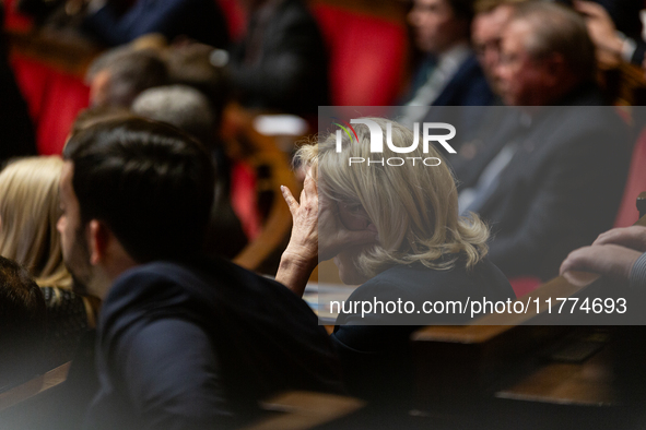 Marine Le Pen, president of the Rassemblement National, RN, formerly known as the Front National, is seen during the questions to the French...