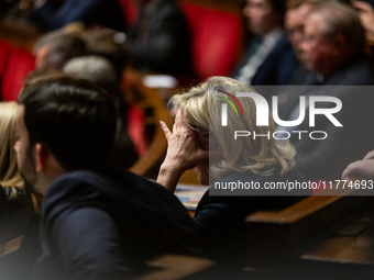 Marine Le Pen, president of the Rassemblement National, RN, formerly known as the Front National, is seen during the questions to the French...