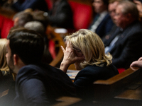 Marine Le Pen, president of the Rassemblement National, RN, formerly known as the Front National, is seen during the questions to the French...