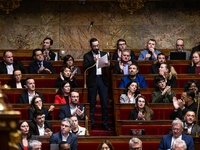 David Guiraud, MP deputy of the La France Insoumise group, speaks during the questions to the French government at the National Assembly in...