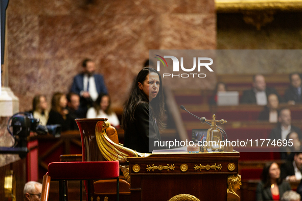 Naima Moutchou, deputy of the Horizons group and vice-president of the National Assembly, is seen during the questions to the French governm...