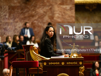 Naima Moutchou, deputy of the Horizons group and vice-president of the National Assembly, is seen during the questions to the French governm...