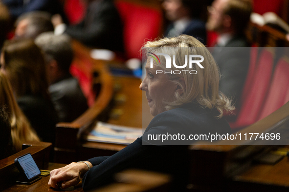 Marine Le Pen, president of the Rassemblement National, RN, formerly known as the Front National, is seen during the questions to the French...