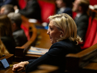 Marine Le Pen, president of the Rassemblement National, RN, formerly known as the Front National, is seen during the questions to the French...