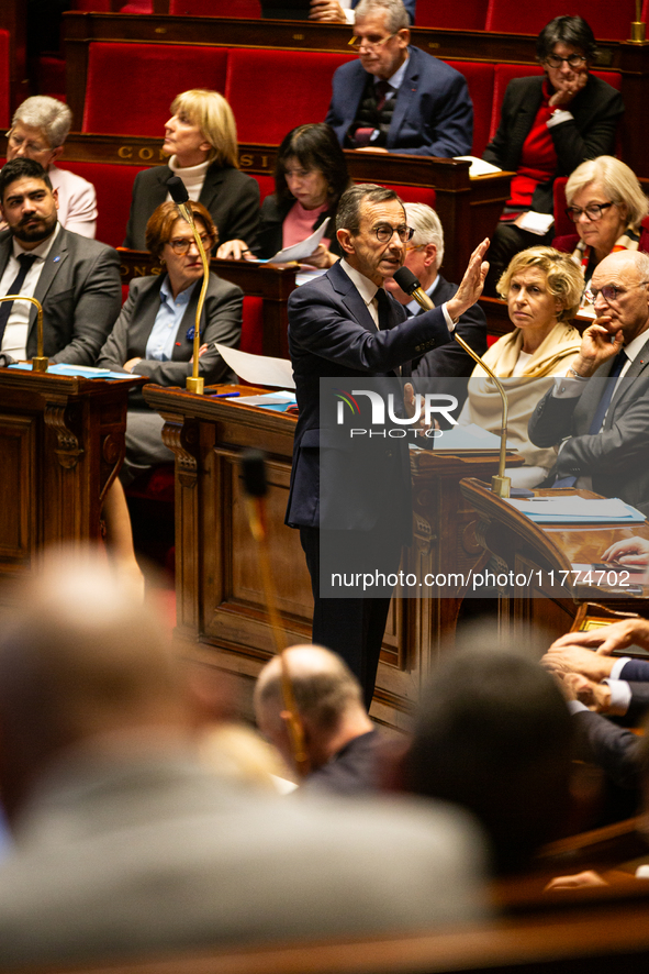 Bruno Retailleau, the French Minister of the Interior, speaks at the public session of questions to the French government at the National As...