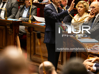 Bruno Retailleau, the French Minister of the Interior, speaks at the public session of questions to the French government at the National As...